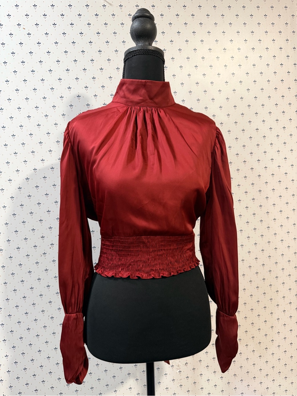 Zara Burgundy Satin High Neck Open Back Tie Blouse Cropped Top NWT M